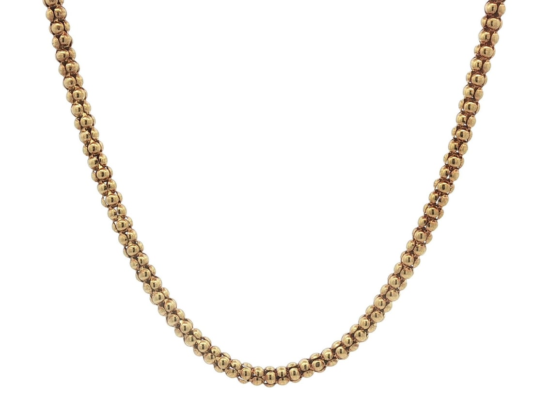 Fancy Rounded Popcorn Chain 14k Yellow Gold 15.5 Inch Choker Necklace: Fancy Rounded Popcorn Chain 14k Yellow Gold 15.5 Inch Choker Necklace This women's choker necklace features a fancy rounded popcorn link chain crafted from solid 14k yellow gold. The necklace measures