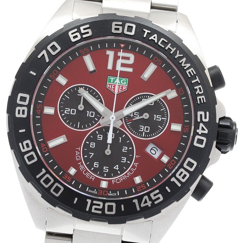 TAG Heuer Formula 1 CAZ101AN mens quartz chronograph wristwatch: TAG Heuer Formula 1 CAZ101AN mens quartz chronograph wristwatch Pre-owned TAG Heuer Formula 1 chronograph quartz men's wristwatch with a red and black dial. This Swiss-made watch features a stainless