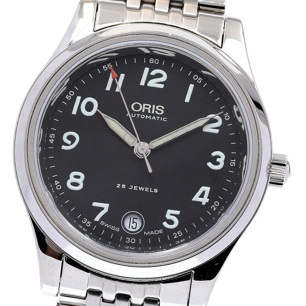 ORIS 7490 black dial automatic date stainless steel men's wristwatch: ORIS 7490 black dial automatic date stainless steel men's wristwatch This pre-owned ORIS 7490 men's wristwatch features a black dial and is crafted from stainless steel, including both the case and br