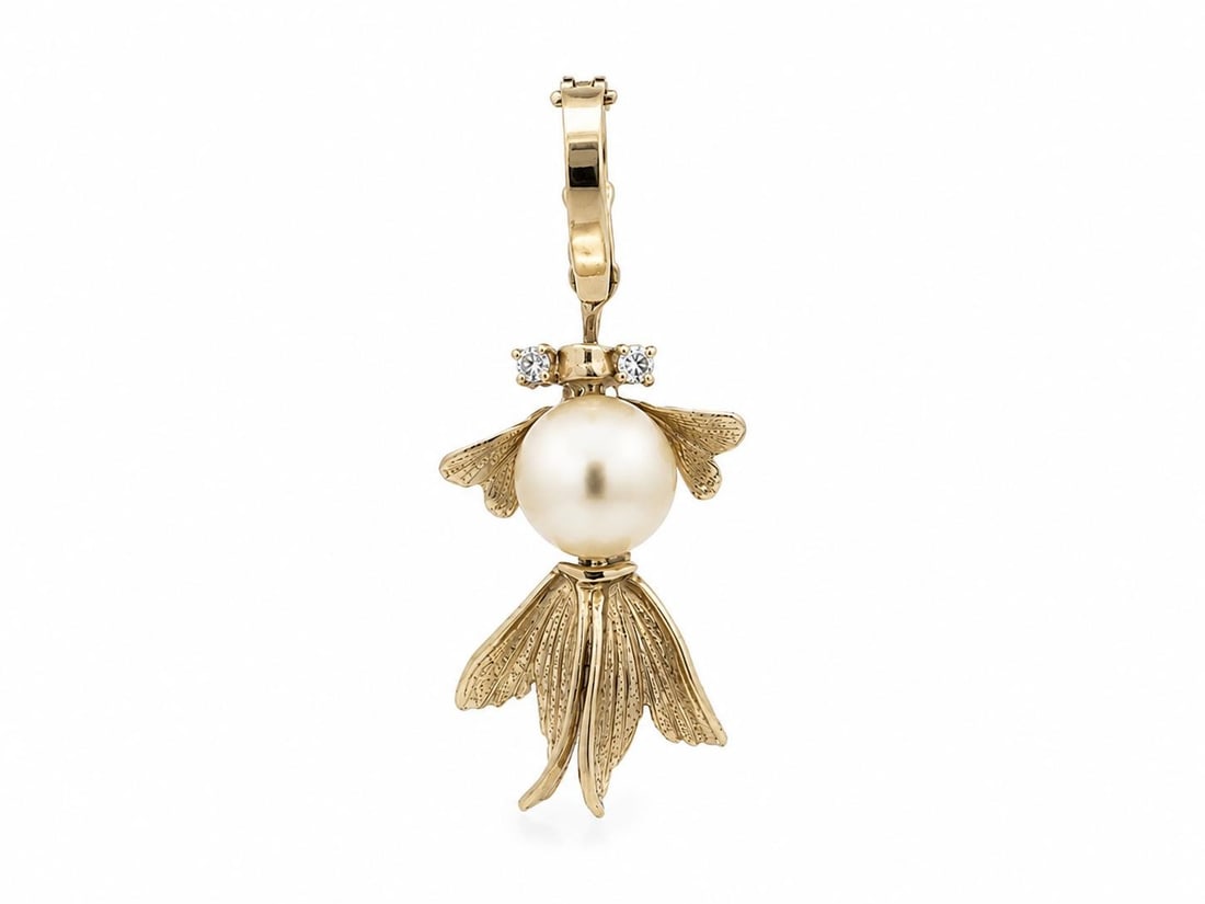 Unbranded 14k Yellow Gold Fish Pendant Enhancer with Pearl and 2 Diamonds: Unbranded 14k Yellow Gold Fish Pendant Enhancer with Pearl and 2 Diamonds Vintage fish-form enhancer pendant charm crafted in solid 14k yellow gold, featuring a cultured pearl and two natural diamonds