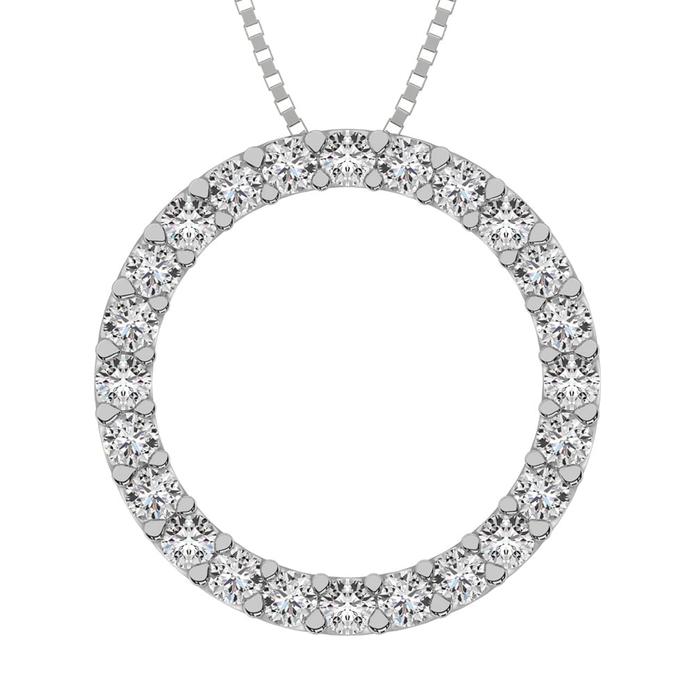Circle Frame Diamond 1/2 Ct.Tw. Pendant: Circle Frame Diamond 1/2 Ct.Tw. Pendant Created in 10K White Gold, this open circle-shaped design is completely outlined with shimmering 1/2 Ct.Tw. diamond accents. Polished to a bright shine, this 18