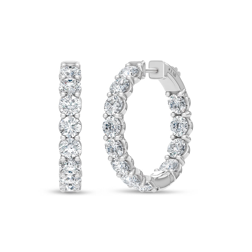 14K White Gold Lab Grown Round Diamond 6 Ct.Tw. In and Out Hoop Earrings: 14K White Gold Lab Grown Round Diamond 6 Ct.Tw. In and Out Hoop Earrings Statement 14K white gold hoops featuring 6 Ct.Tw. lab-grown round diamonds, in and out style. 14k White Gold Stone Color: D-f S