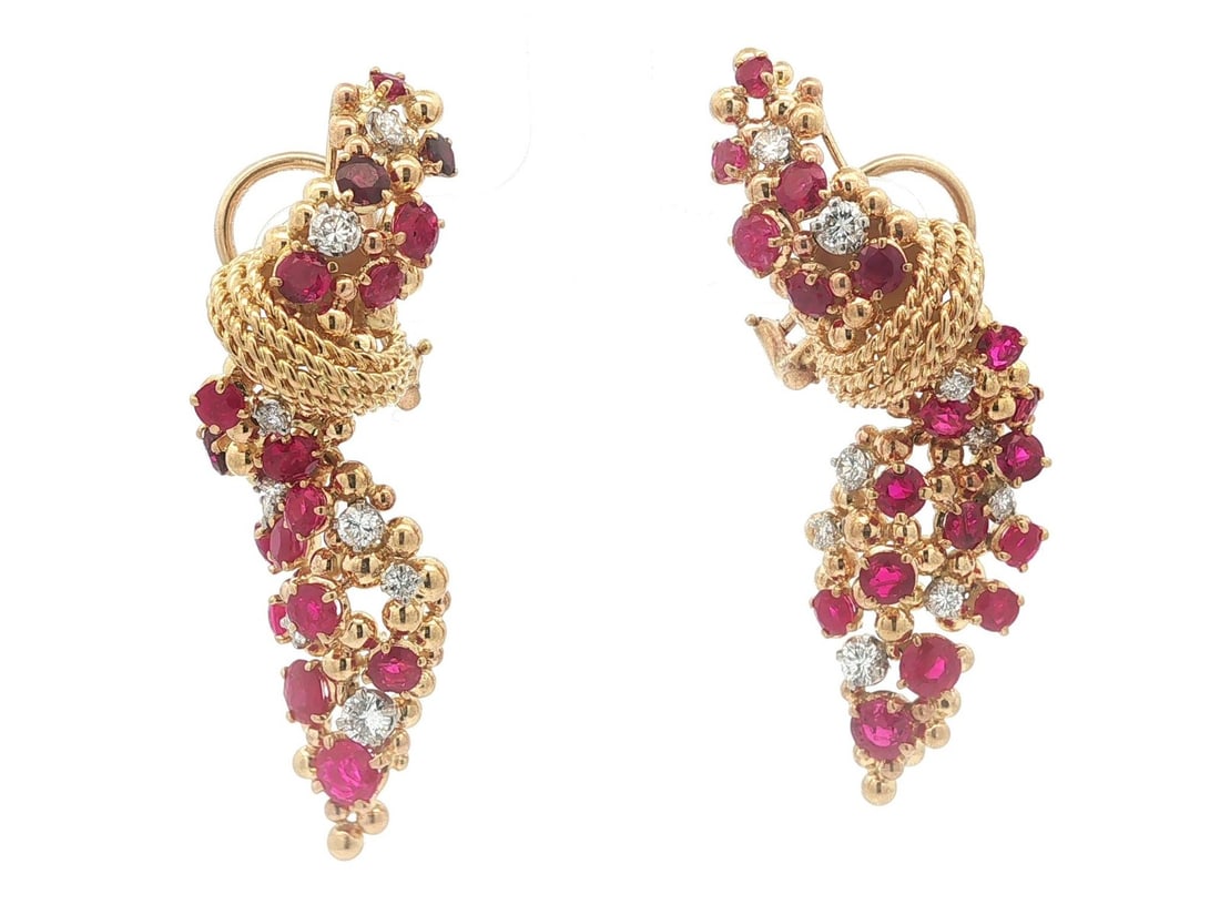 GIA Certified 18k Yellow Gold Ruby Diamond Dangle Earrings (1 of 11)