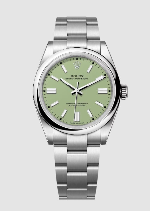 Oyster Perpetual Pistachio Dial Watch Ref 134300 With Green Card 2025: Oyster Perpetual Pistachio Dial Watch Ref 134300 With Green Card 2025 This is a men's Rolex Oyster Perpetual watch, reference 134300, featuring a distinctive pistachio dial and a smooth bezel. It is f