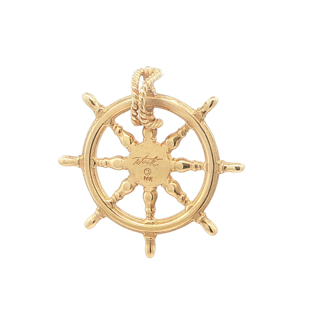 14k Yellow Gold Ship's Wheel Charm Pendant by Stark: 14k Yellow Gold Ship's Wheel Charm Pendant by Stark Vintage ship's wheel charm pendant in solid 14k yellow gold. It is a pre-owned piece with light surface wear and excellent overall condition. The pe