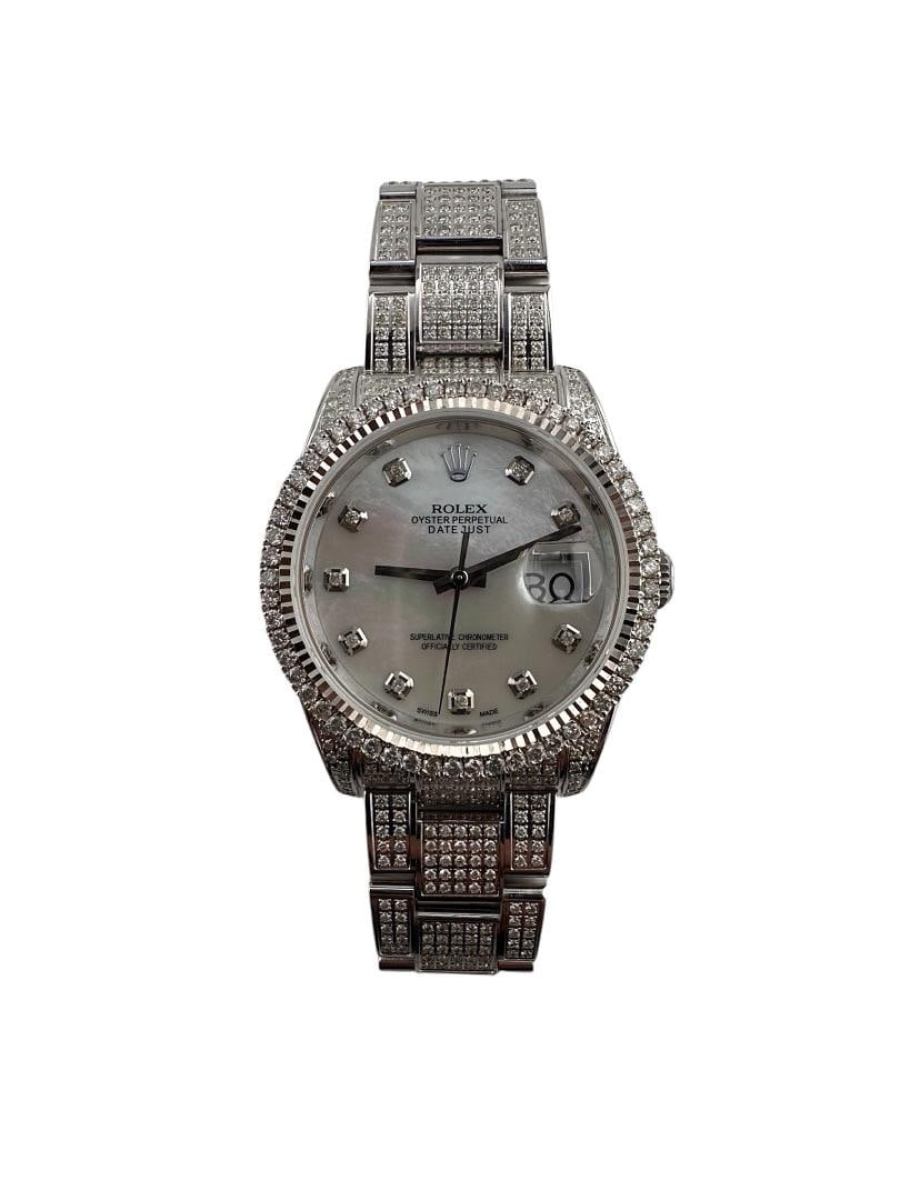 Mens Rolex Datejust 116200 Oyster Diamond Bezel MOP Dial Card 2014: Mens Rolex Datejust 116200 Oyster Diamond Bezel MOP Dial Card 2014 This Rolex Datejust features an aftermarket mother-of-pearl dial accented with diamonds and is paired with the classic Oyster bracele
