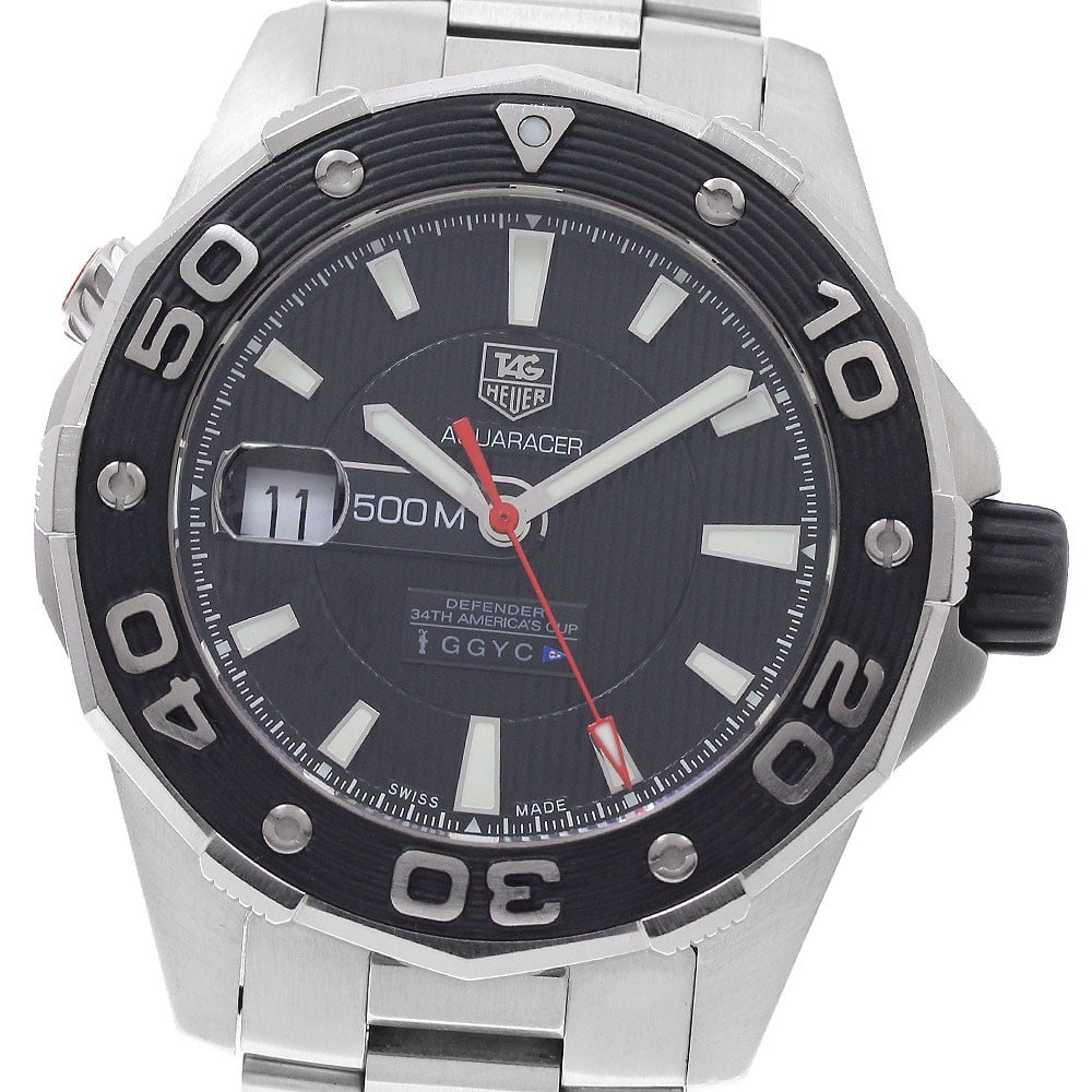 TAG Heuer Aquaracer Calibre 5 WAJ2119 Mens Automatic Watch: TAG Heuer Aquaracer Calibre 5 WAJ2119 Mens Automatic Watch Pre-owned TAG Heuer Aquaracer Calibre 5 America's Cup men's wristwatch with a black dial, automatic movement, and stainless steel case and br