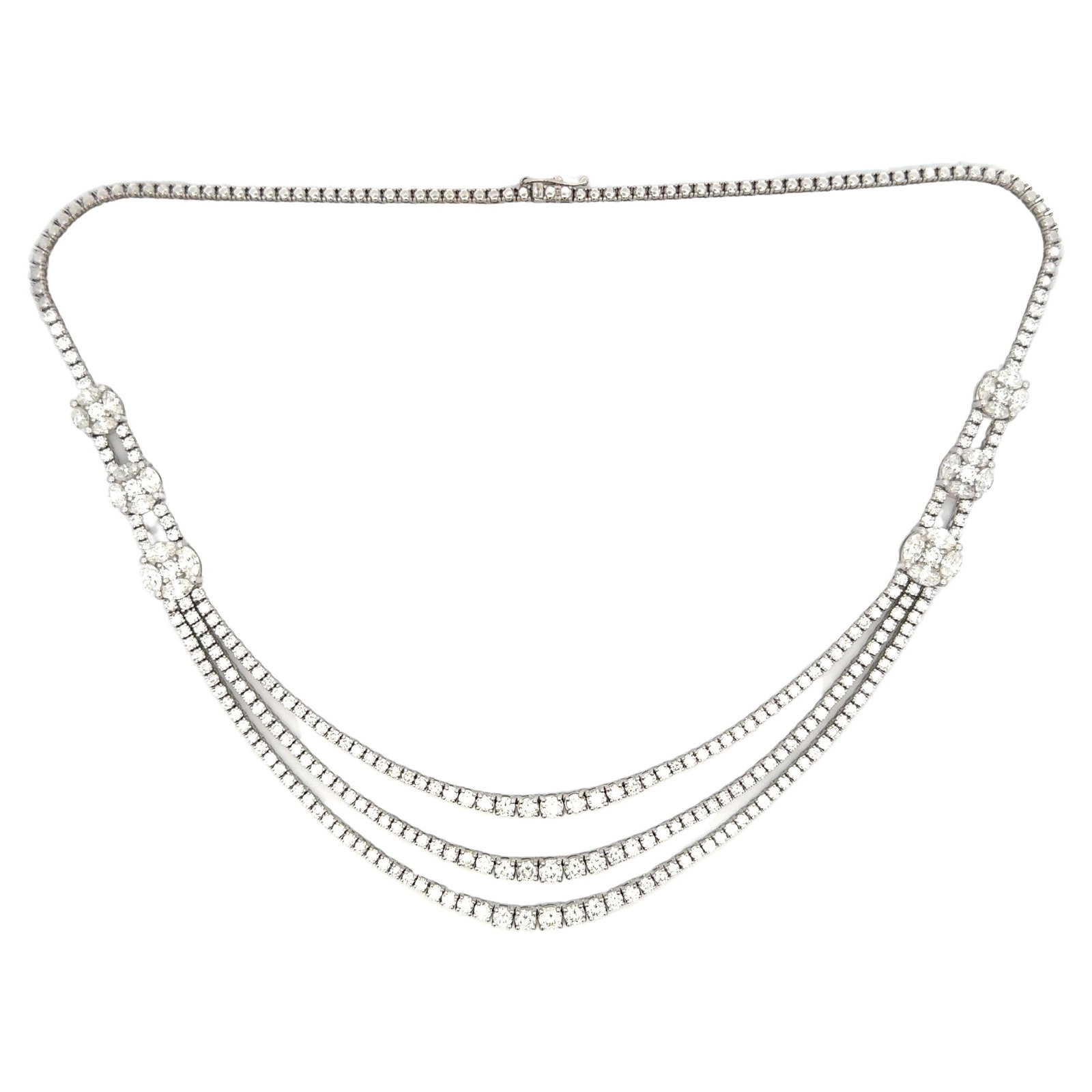 Harbor Diamonds 18K White Gold 17.50ct Diamond Riviere Necklace: Harbor Diamonds 18K White Gold 17.50ct Diamond Riviere Necklace This exquisite 18 Karat white gold necklace showcases a stunning contemporary design, featuring three rows of diamond rivieres adorned w