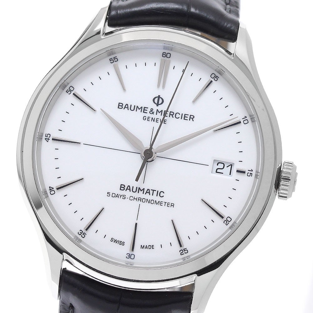 Baume and Mercier Clifton M0A10518 Automatic Date Mens Wristwatch: Baume and Mercier Clifton M0A10518 Automatic Date Mens Wristwatch Pre-owned Baume & Mercier Clifton Date automatic men's wristwatch with a white dial, stainless steel case, and leather strap. This wat
