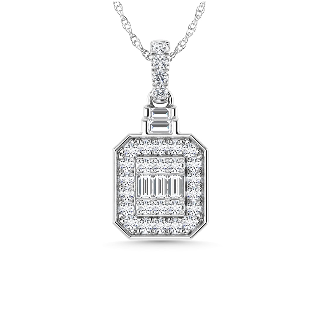 Diamond 1/3 Ct.Tw. Fashion Pendant in 14K White Gold: Diamond 1/3 Ct.Tw. Fashion Pendant in 14K White Gold 14k White Gold Stone Color: G-h Stone Clarity: Si2 Unless otherwise specified, pendants that include a chain are paired with our standard 18-inch l