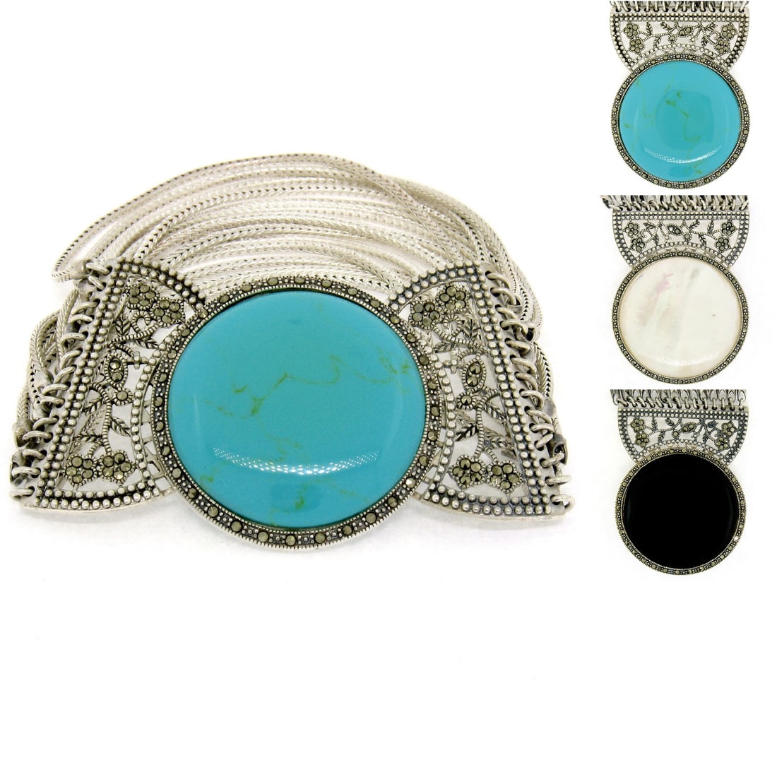Sterling Silver Multi Chain Bracelet with Turquoise Black Onyx Marcasite: Sterling Silver Multi Chain Bracelet with Turquoise Black Onyx Marcasite This stunning multi-chain bracelet features a captivating combination of turquoise, black onyx, and mother of pearl, elegantly 