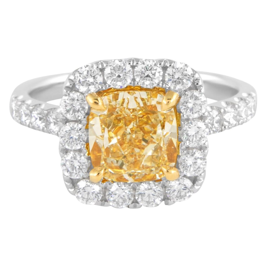 2.11ct Fancy Yellow Diamond Ring 18k Two Tone EGL Certified: 2.11ct Fancy Yellow Diamond Ring 18k Two Tone EGL Certified This exquisite 2.11 ct Cushion Fancy Yellow Diamond Ring is crafted in 18k two-tone gold, featuring a stunning natural fancy yellow diamond 