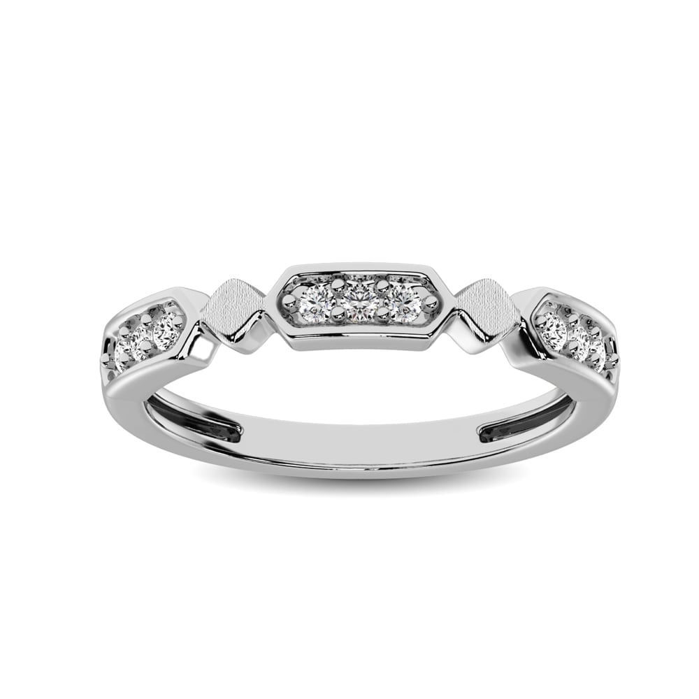 14K White Gold 1/6 Ct.Tw. Diamond Stackable Band: 14K White Gold 1/6 Ct.Tw. Diamond Stackable Band This beautiful ring is available in 14K White Gold. There are 9 round diamonds with a total carat weight of 1/6 Ct.Tw. set in a Shared Prong setting. 1