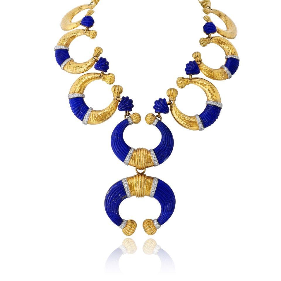 David Webb Platinum 18K Yellow Gold Crescent Necklace: David Webb Platinum 18K Yellow Gold Crescent Necklace Pre-owned David Webb crescent necklace crafted in platinum and 18K yellow gold, accented with approximately 5.5 carats of diamonds. Specifications