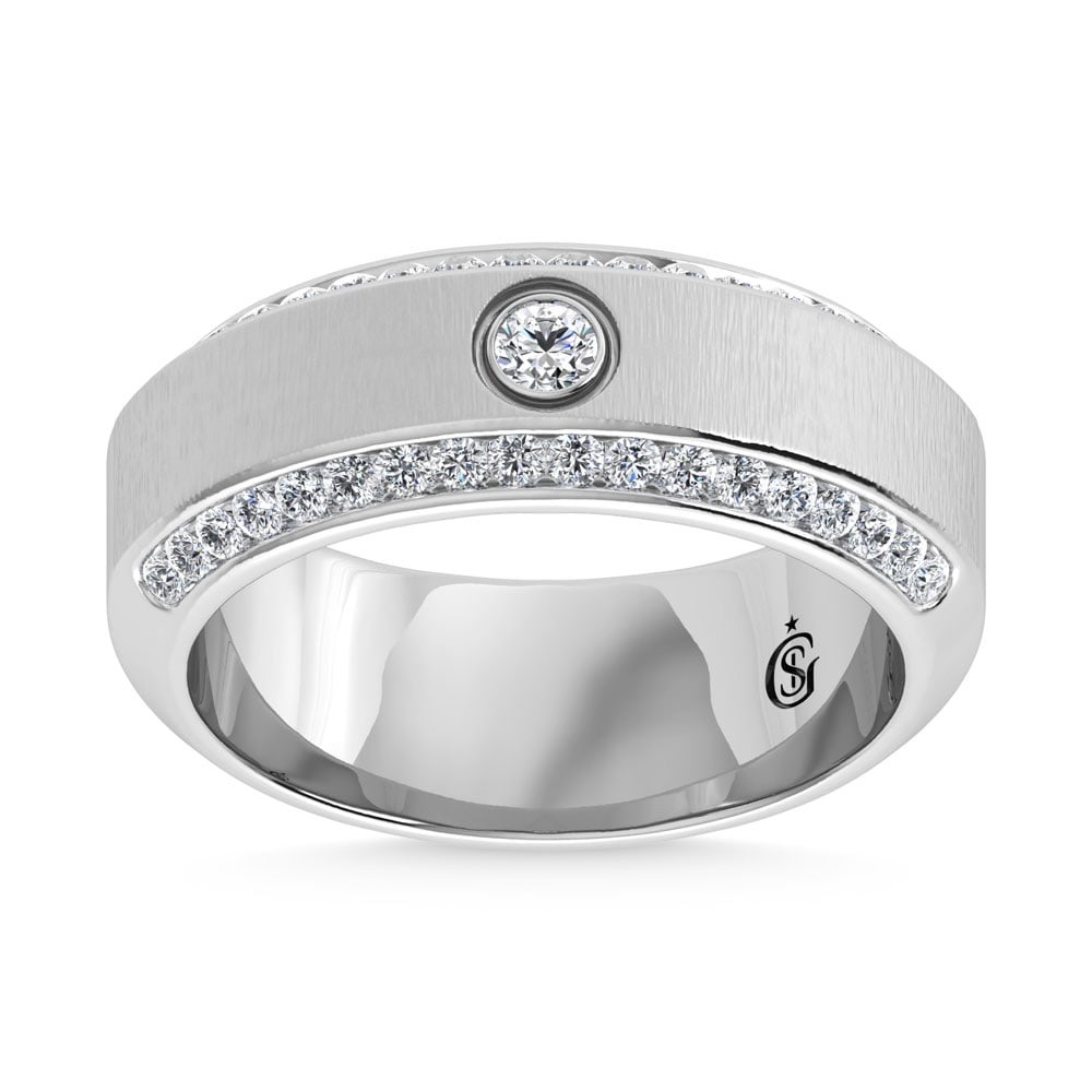 14K White Gold Diamond 5/8 Ct.Tw. Channel and Bezel Set Mens Machine Band: 14K White Gold Diamond 5/8 Ct.Tw. Channel and Bezel Set Mens Machine Band 14k White Gold Stone Color: G-h Stone Clarity: Si2 Each ring is presented in standard size 6.5. Complimentary resizing is avai