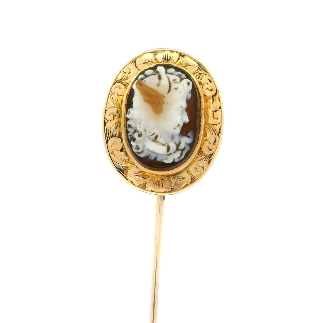 Antique 14k Gold Medusa Cameo Agate Winged Gorgon Stick Pin: Antique 14k Gold Medusa Cameo Agate Winged Gorgon Stick Pin This exquisite antique stick pin features a beautifully carved cameo of Medusa, the winged Gorgon, set in solid 14k yellow gold. The main st