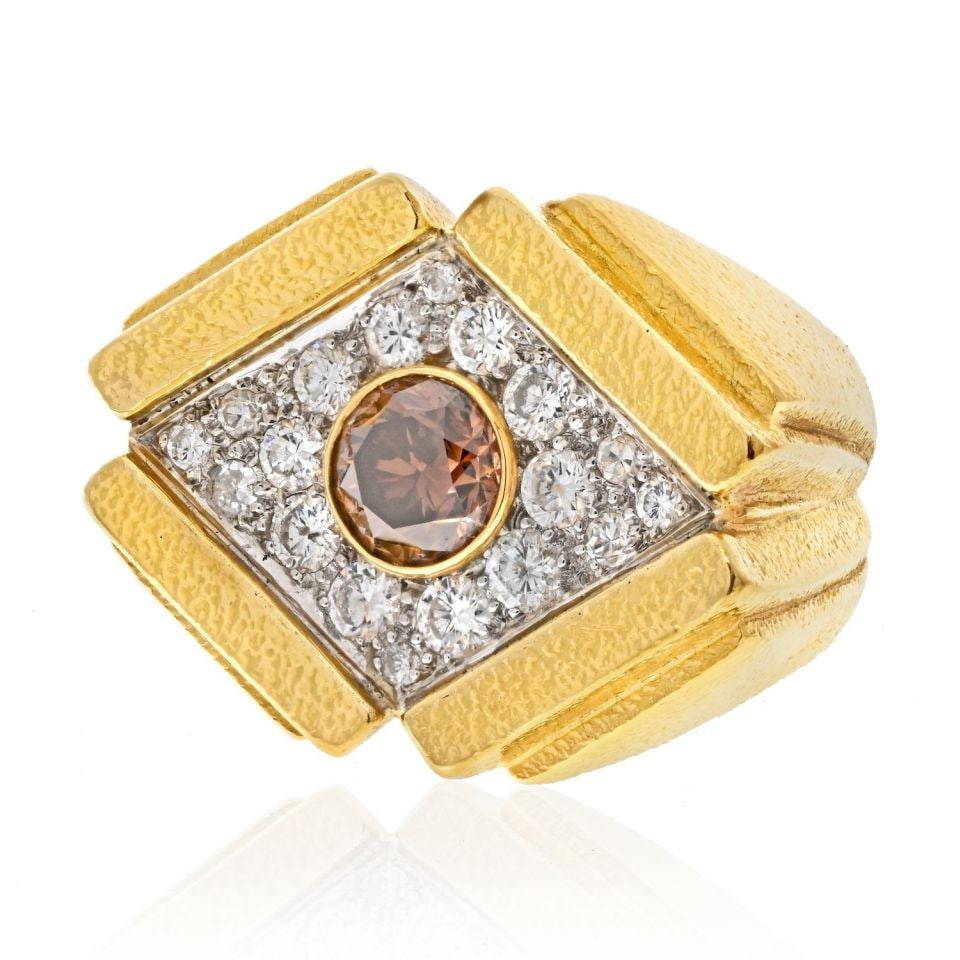 Oversized Champagne Diamond Estate Ring in Platinum and 18K Gold by David Webb: Oversized Champagne Diamond Estate Ring in Platinum and 18K Gold by David Webb This stunning David Webb cocktail ring showcases a modern and oversized design, expertly crafted in 18K solid yellow gold