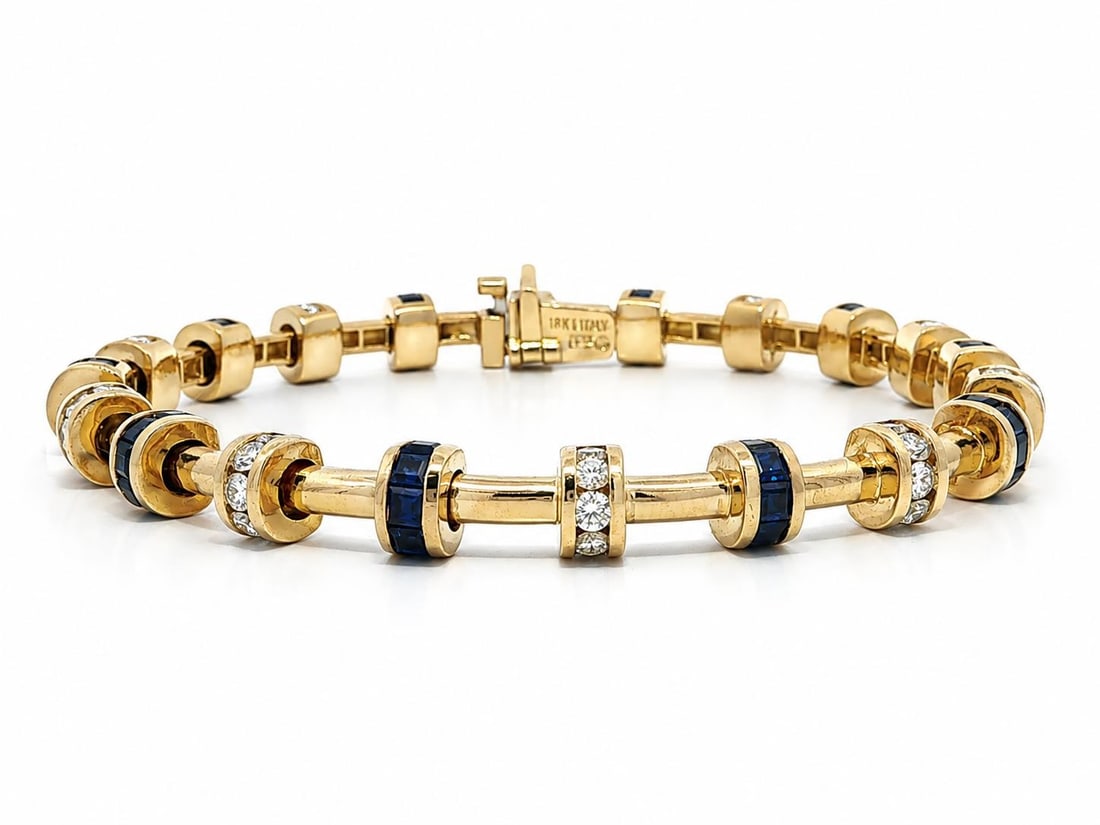 Charles Krypell Signature Station Bracelet 18k Yellow Gold Sapphire Diamond: Charles Krypell Signature Station Bracelet 18k Yellow Gold Sapphire Diamond Pre-owned Charles Krypell station tube bracelet crafted in solid 18k yellow gold with natural blue sapphires and diamonds. T