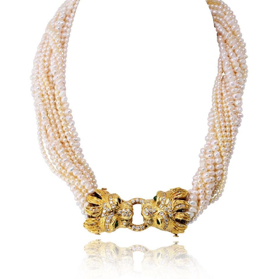 18K Yellow Gold Pearl Necklace with Double Lion Multi Strand Design (1 of 6)