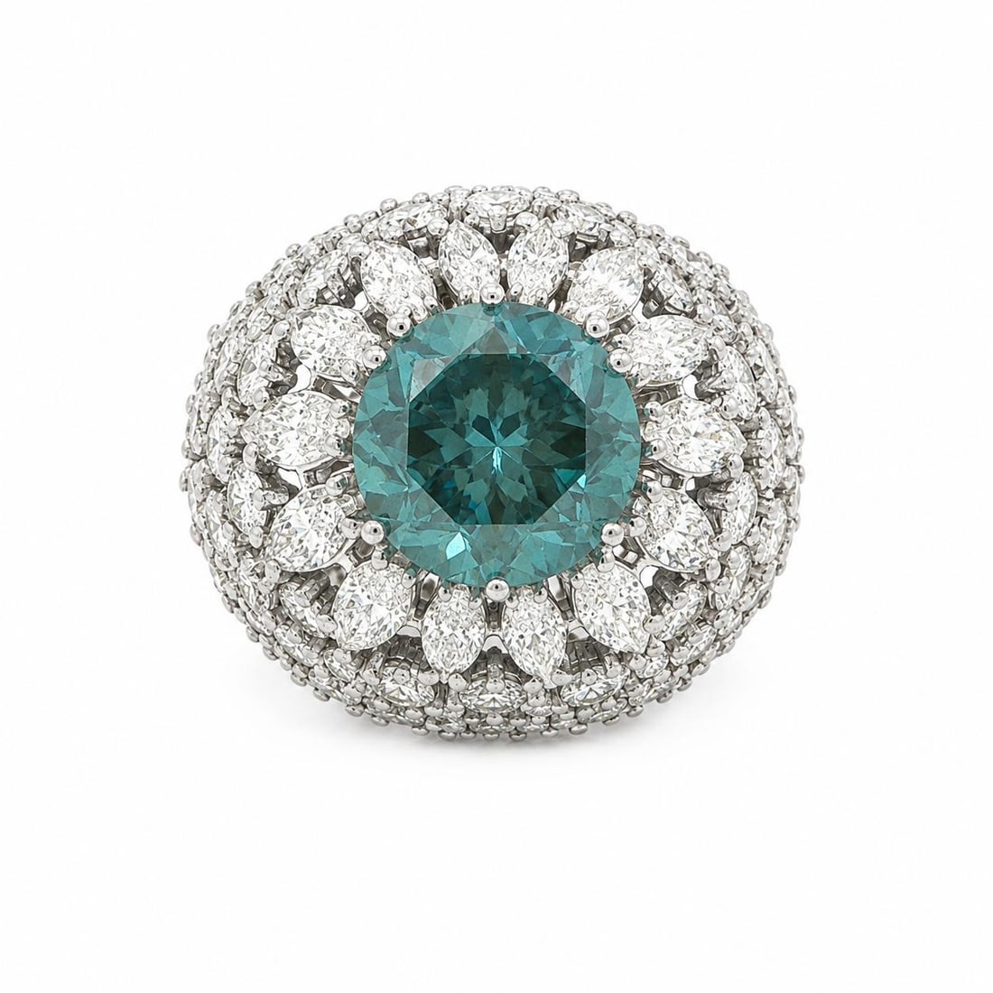 Vintage Platinum Bombe Ring with Blue Zircon and 96 Diamonds 15.2ctw (1 of 11)