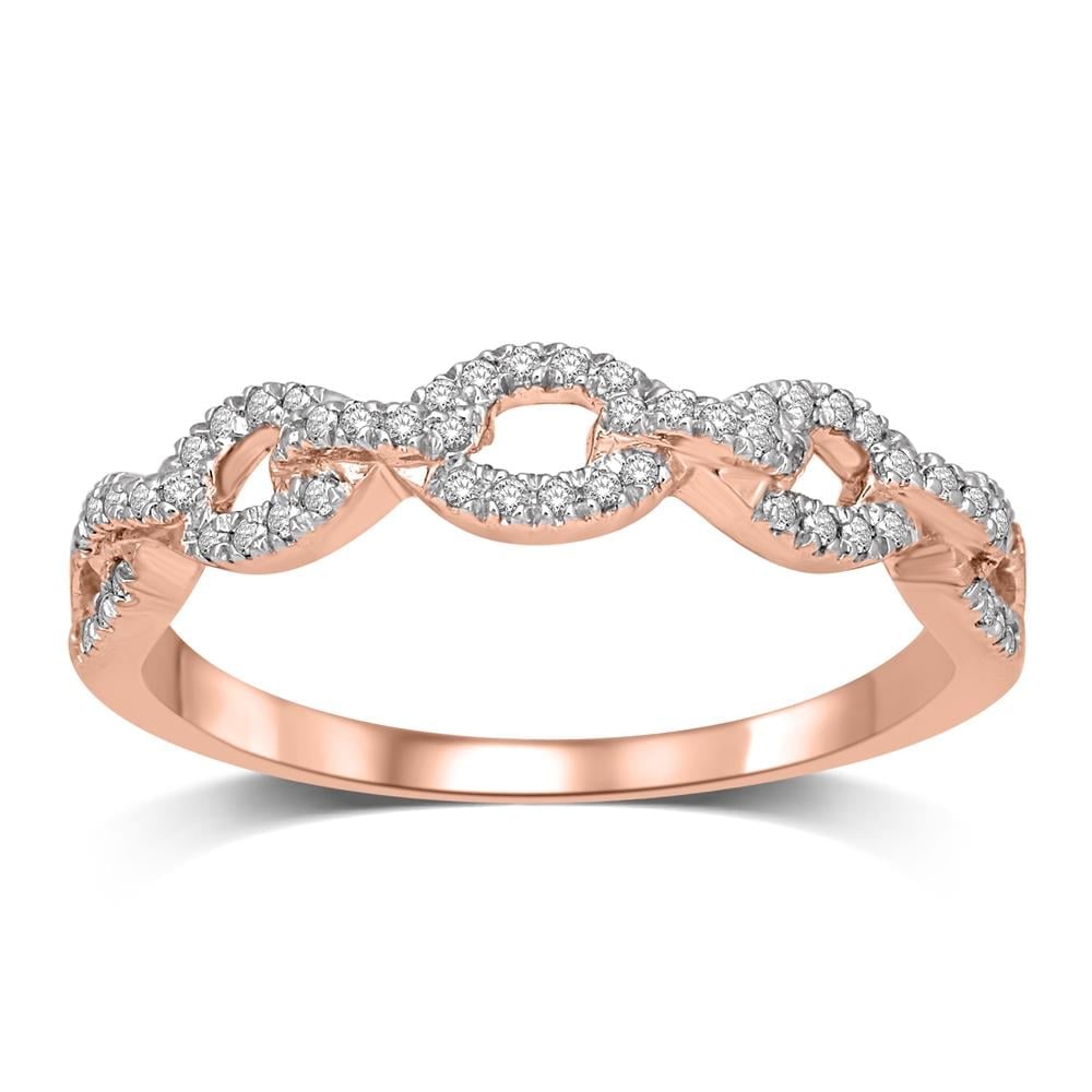 14K Rose Gold 1/6 Ct.Tw. Diamond Stackable Band: 14K Rose Gold 1/6 Ct.Tw. Diamond Stackable Band This glamorous ring is available in 14K Rose Gold. There are 60 round diamonds with a total carat weight of 1/6 Ct.Tw. set in a micro prong setting. Giv