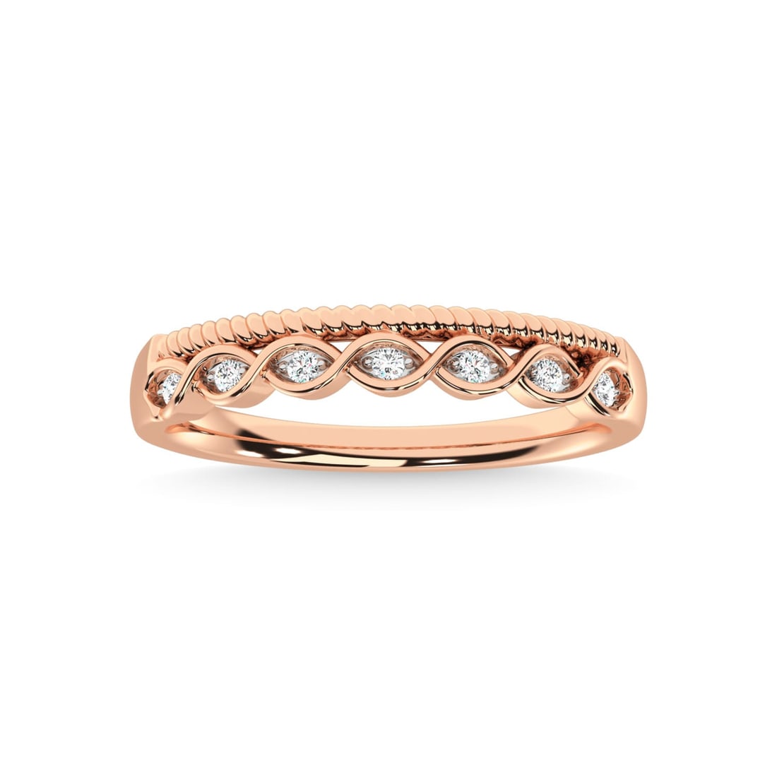 14K Rose Gold Diamond 1/20 Ct.Tw. Stackable Band: 14K Rose Gold Diamond 1/20 Ct.Tw. Stackable Band 14k Rose Gold Stone Color: G-h Stone Clarity: Si3 Each ring is presented in standard size 6.5. Complimentary resizing is available between sizes 510 (i