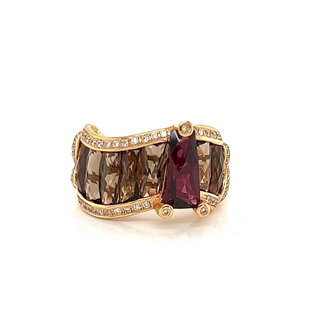 Bellarri Wave Design Statement Ring 18k Rose Gold Diamonds Multi Gem Size 7: Bellarri Wave Design Statement Ring 18k Rose Gold Diamonds Multi Gem Size 7 Pre-owned Bellarri Wave design statement ring in 18k rose gold, featuring a flowing wave motif with mixed natural gemstones 