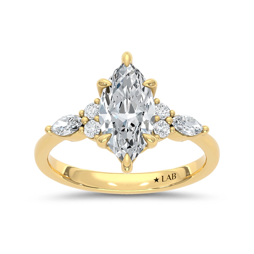 14K Yellow Gold Lab Grown Diamond 1 3/4 Ct.Tw. Marquise Shape Engagement Ring: 14K Yellow Gold Lab Grown Diamond 1 3/4 Ct.Tw. Marquise Shape Engagement Ring 14k Yellow Gold Stone Color: D-f Stone Clarity: Vs Each ring is presented in standard size 6.5. Complimentary resizing is 