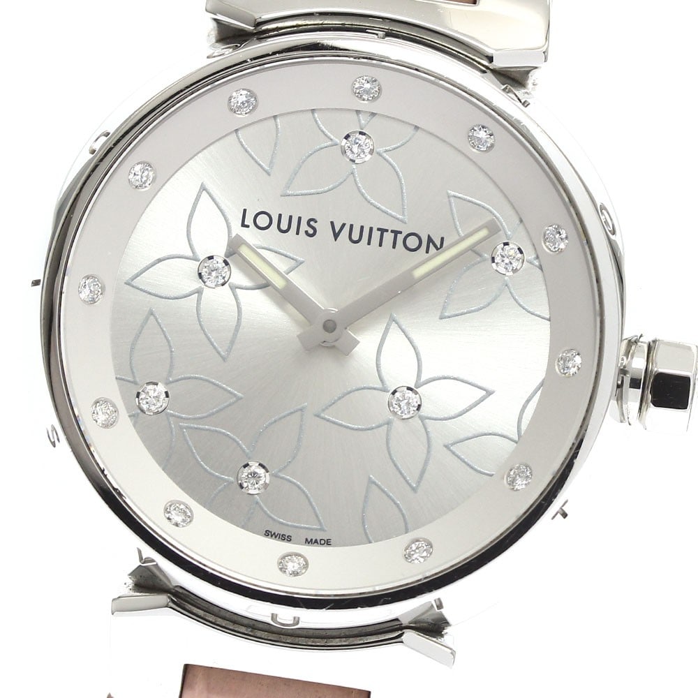 Louis Vuitton Tambour Lovely Diamond quartz ladies watch Q131F: Louis Vuitton Tambour Lovely Diamond quartz ladies watch Q131F This Louis Vuitton Tambour Lovely Diamond Q131F women's wristwatch features a stainless steel case set with 18 diamonds, a silver dial, a