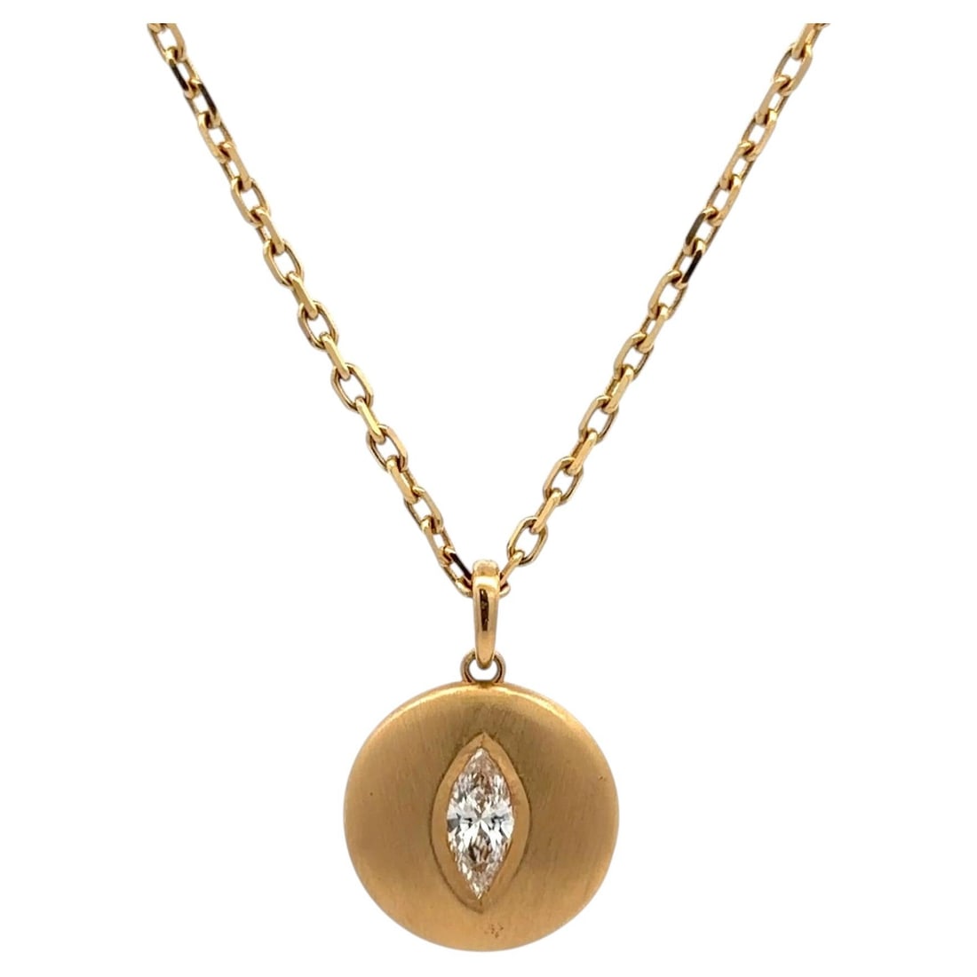18K Yellow Gold Marquise Diamond Disc Necklace GIA Certified 22 Inch: 18K Yellow Gold Marquise Diamond Disc Necklace GIA Certified 22 Inch This contemporary pendant necklace is crafted from 18K yellow gold and features a satin-finished circular disc. At its center is a 