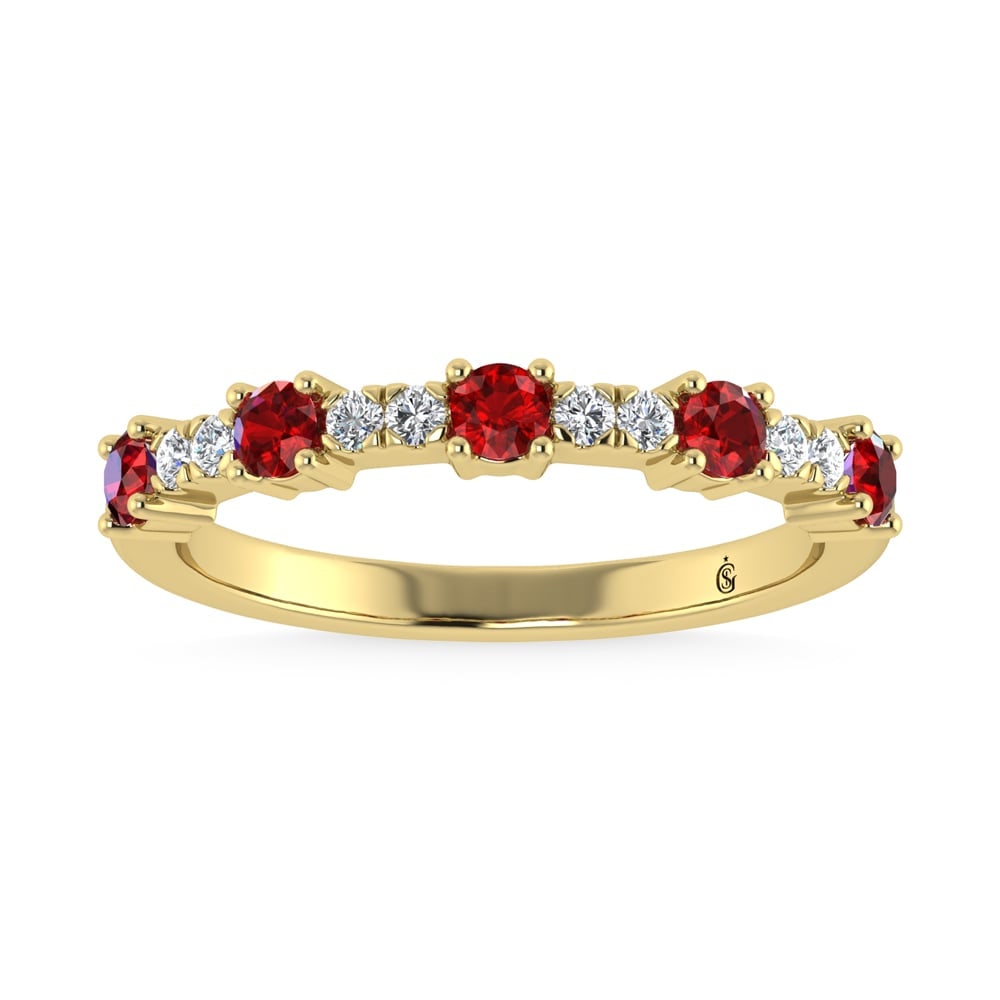 14K Yellow Gold Diamond 5/8 Ct. Tw. Alternate Diamond and Ruby Stackable Band: 14K Yellow Gold Diamond 5/8 Ct. Tw. Alternate Diamond and Ruby Stackable Band 14k Yellow Gold Stone Color: G-h Stone Clarity: Si3 Each ring is presented in standard size 6.5. Complimentary resizing is