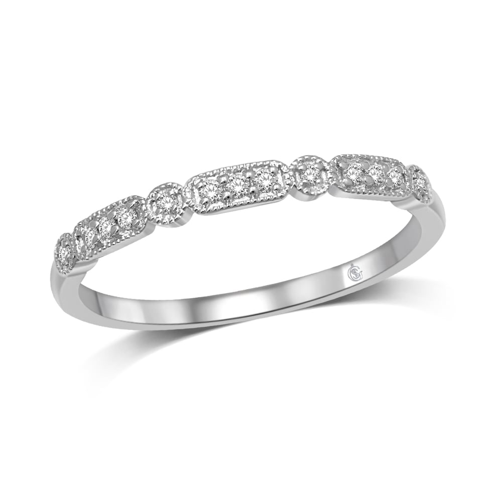 14K White Gold 1/20 Ct.Tw. Diamond Stackable Band: 14K White Gold 1/20 Ct.Tw. Diamond Stackable Band This Glamorous Stackable band Is Available In 14K White Gold. There Are 13 Round Diamonds With A Total Carat Weight Of 1/20 Ct.Tw. Set In A Prong / Sh