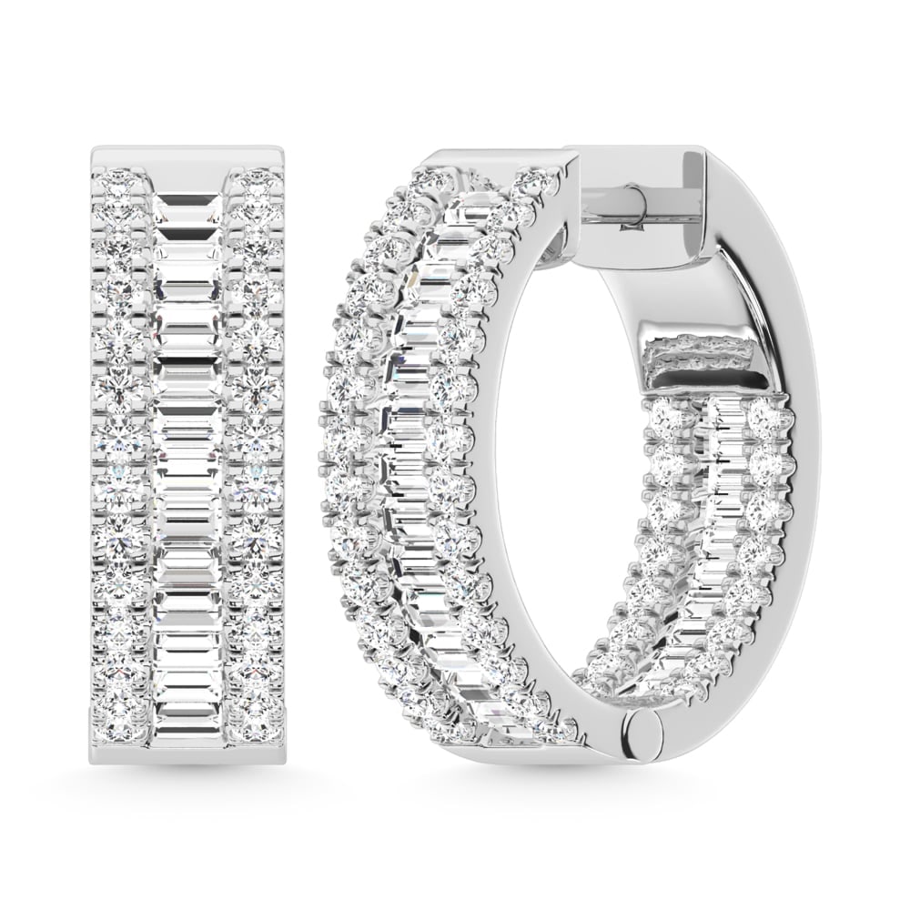 14K White Gold Lab Grown Diamond 3 Ct.Tw. Hoop Earrings: 14K White Gold Lab Grown Diamond 3 Ct.Tw. Hoop Earrings Glamorous 14K white gold hoops featuring 3 Ct.Tw. lab-grown diamonds, perfect for dazzling style. 14k White Gold Stone Color: D-f Stone Clarity: