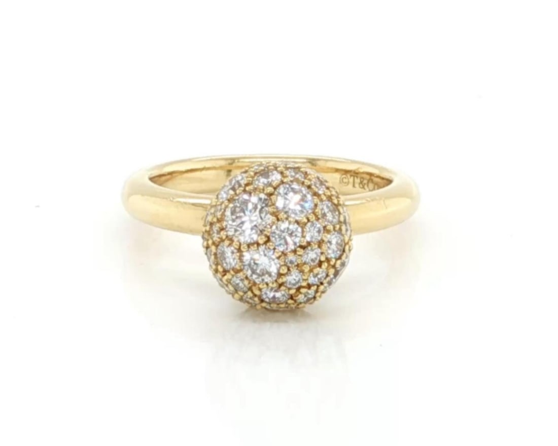 Tiffany & Co. HardWear Sphere Ring 18k Yellow Gold Diamond Size 4: Tiffany & Co. HardWear Sphere Ring 18k Yellow Gold Diamond Size 4 Pre-owned Tiffany & Co. HardWear Diamond Sphere Ring crafted in 18k yellow gold. This ring features an 8mm pave diamond sphere centerp