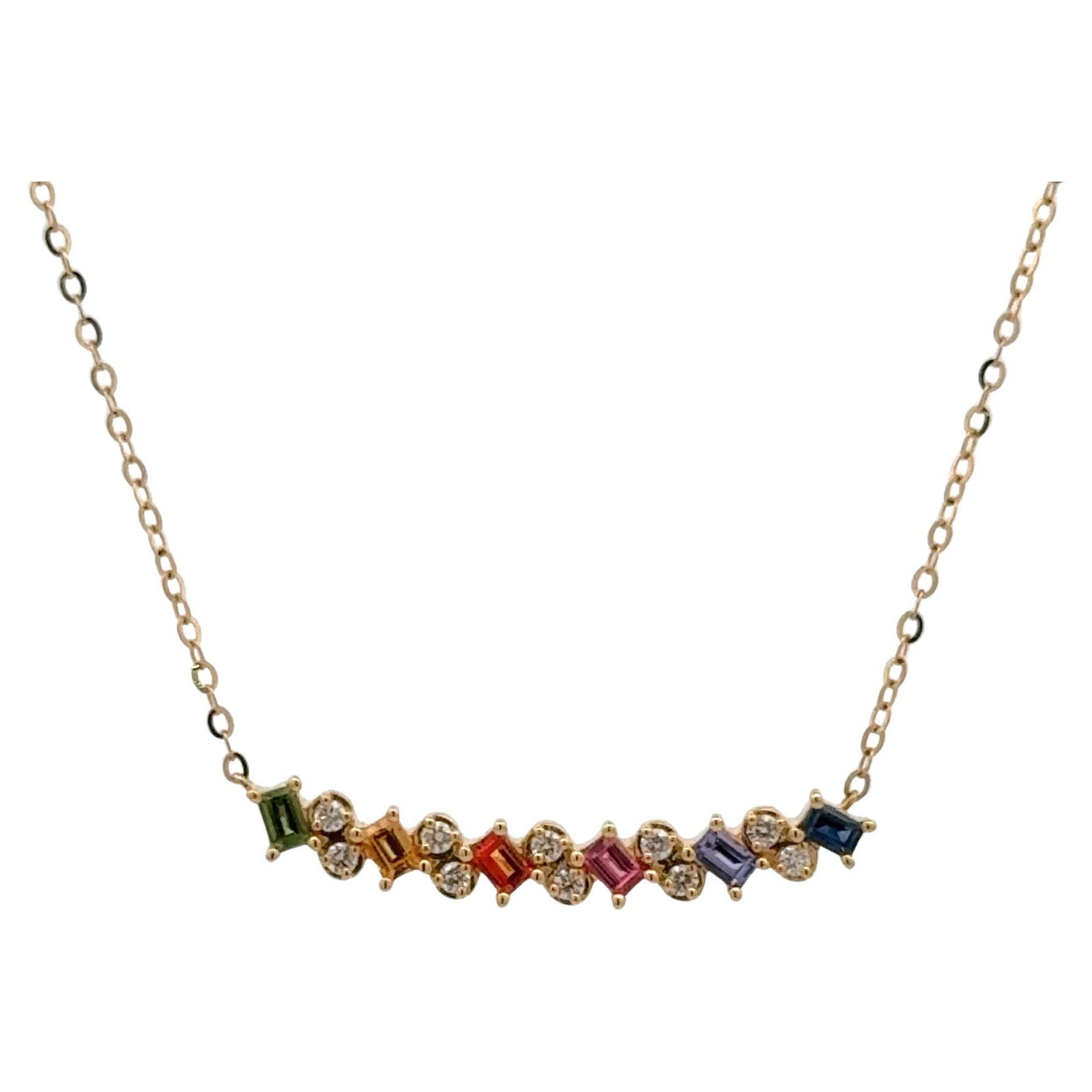 Harbor Diamonds 18K Yellow Gold Multi Color Sapphire Diamond Bar Necklace: Harbor Diamonds 18K Yellow Gold Multi Color Sapphire Diamond Bar Necklace This exquisite necklace features a stunning bar pendant crafted from 18K yellow gold, showcasing a vibrant array of multi-colo