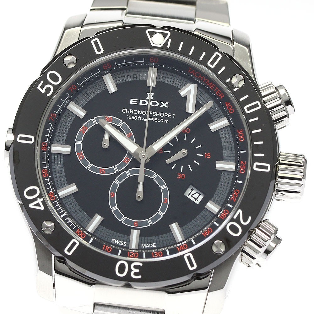 Edox Chrono Offshore 1 Quartz Chronograph Men's Wristwatch 01114-3M-NIN: Edox Chrono Offshore 1 Quartz Chronograph Men's Wristwatch 01114-3M-NIN This Edox Chrono Offshore 1 men's wristwatch features a stainless steel case and bracelet with a black dial. The watch is powere