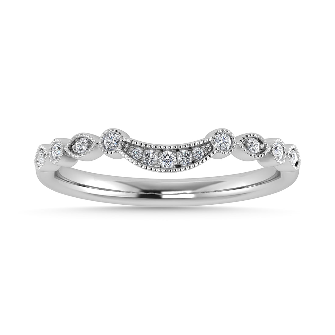 Diamond 1/10 Ct.Tw. Chevron Band in 14K White Gold: Diamond 1/10 Ct.Tw. Chevron Band in 14K White Gold 14k White Gold Stone Color: G-h Stone Clarity: Si2 Each ring is presented in standard size 6.5. Complimentary resizing is available between sizes 510