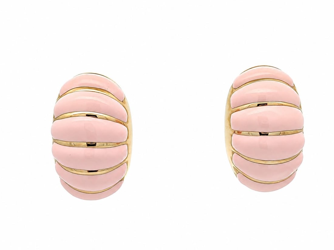 Unbranded 14k Yellow Gold Drop Earrings Pink Enamel Puffed Shrimp Design: Unbranded 14k Yellow Gold Drop Earrings Pink Enamel Puffed Shrimp Design A pair of 14k solid yellow gold dangle/drop earrings with pink enamel work and a long puffed shrimp banded design. These pierce