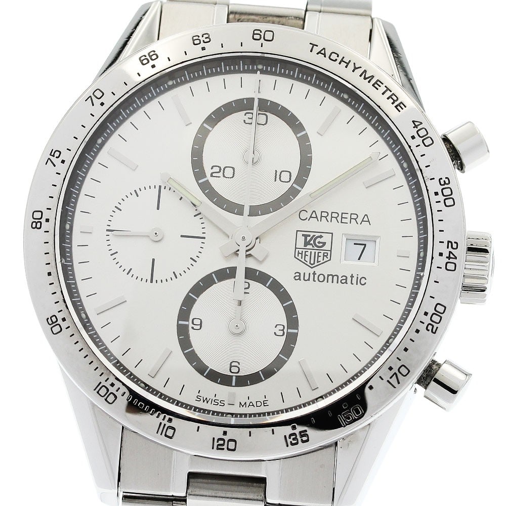 TAG Heuer Carrera Caliber 16 automatic chronograph watch CV2017-2: TAG Heuer Carrera Caliber 16 automatic chronograph watch CV2017-2 Pre-owned TAG Heuer Carrera Calibre 16 chronograph automatic men's wristwatch with a stainless steel case and bracelet. This silver di