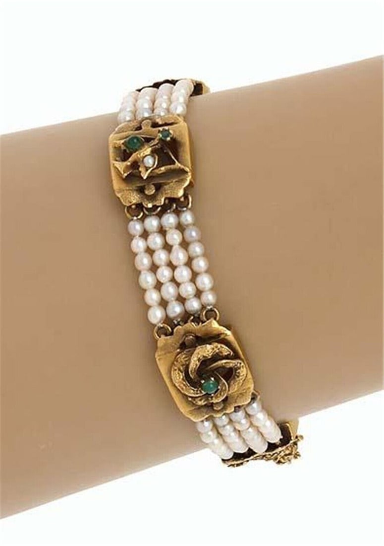 Antique 14k Yellow Gold Seed Pearl Bracelet with Emerald Garnet Sapphire (1 of 4)