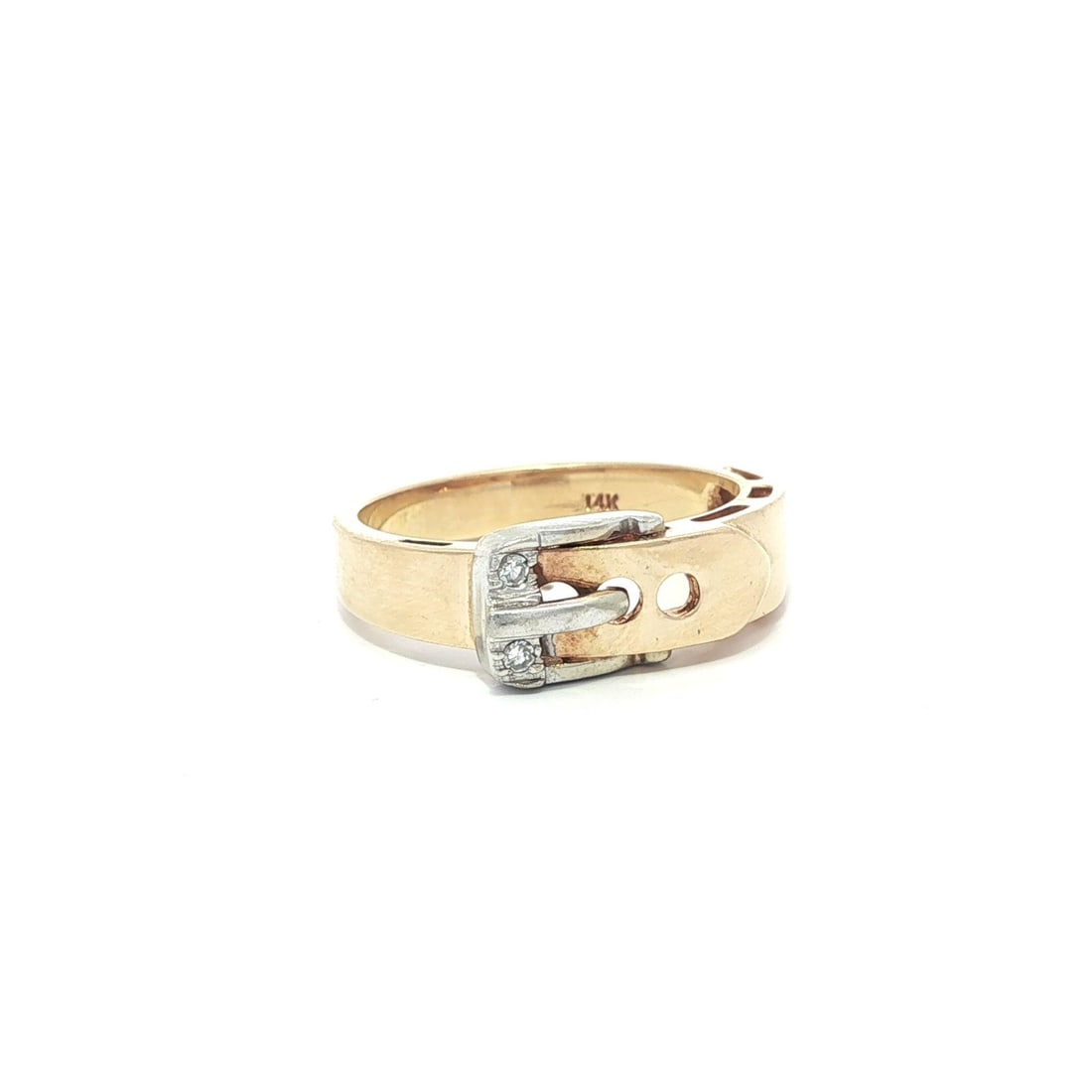 Elegant Yellow & White Gold 0.03ct Diamond Buckle Band Ring: Elegant Yellow & White Gold 0.03ct Diamond Buckle Band Ring This exquisite band ring showcases a stunning design crafted from solid 13-14k yellow gold with elegant white gold accents. The ring feature