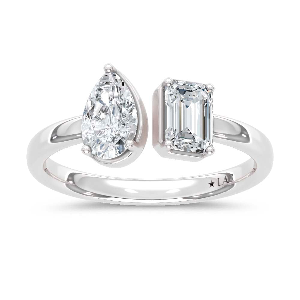 14K White Gold Lab Grown Diamond 1 Ct.Tw. Emerald and Pear Shape Two Stone Ring: 14K White Gold Lab Grown Diamond 1 Ct.Tw. Emerald and Pear Shape Two Stone Ring Crafted in sleek 14K White Gold, this two-stone ring showcases emerald and pear-shaped lab grown diamonds totaling 1 Ct.