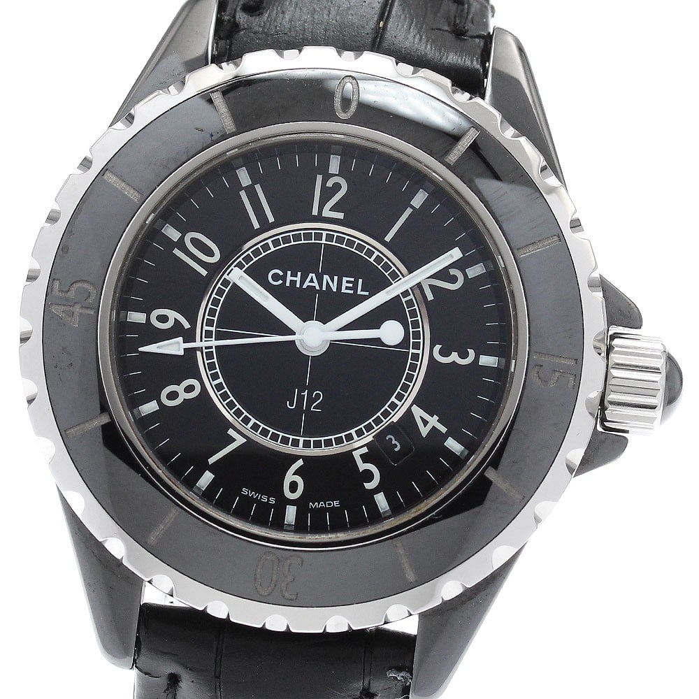 CHANEL J12 H0680 Womens Quartz Watch Black Ceramic Date aftermarket strap: CHANEL J12 H0680 Womens Quartz Watch Black Ceramic Date aftermarket strap CHANEL J12 women's wristwatch, model H0680, with a black dial and date function. It features a ceramic and stainless steel cas