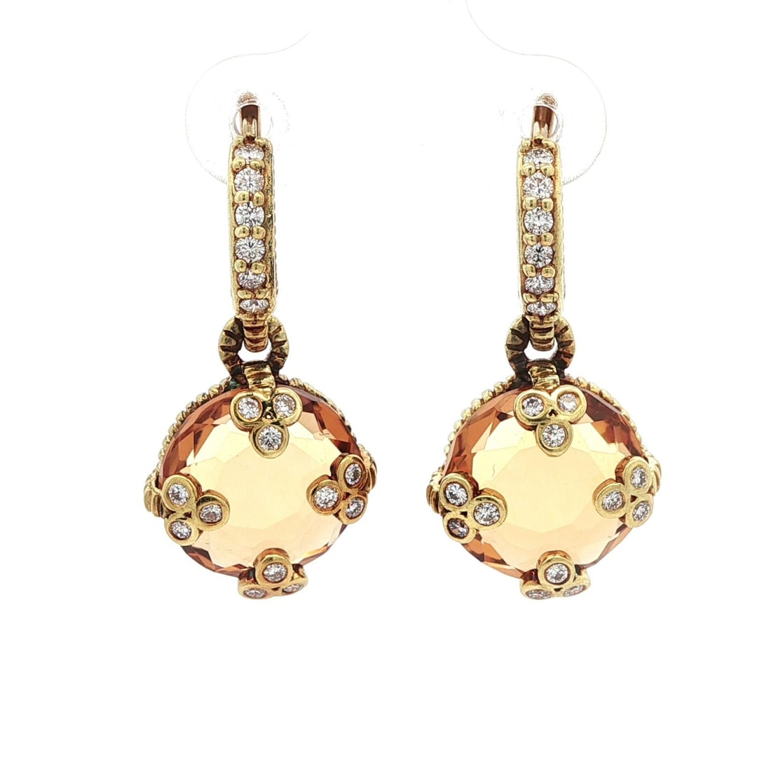 Judith Ripka 18k Gold Citrine Diamond Dangle Earrings: Judith Ripka 18k Gold Citrine Diamond Dangle Earrings Elevate your style with these exquisite Judith Ripka earrings, crafted in solid 18k yellow gold. These dangle earrings feature two stunning natura