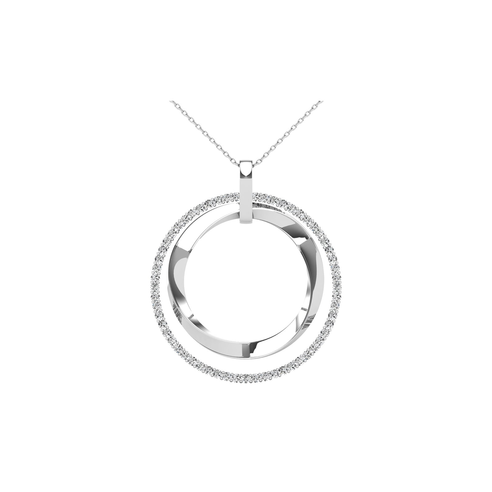 14K White Gold 1/2 Ct.Tw. Diamond Double Frame Pendant: 14K White Gold 1/2 Ct.Tw. Diamond Double Frame Pendant This beautiful pendant is available in 14K White Gold. There are 59 round diamonds with a total carat weight of 1/2 Ct.Tw. set in a Prong
