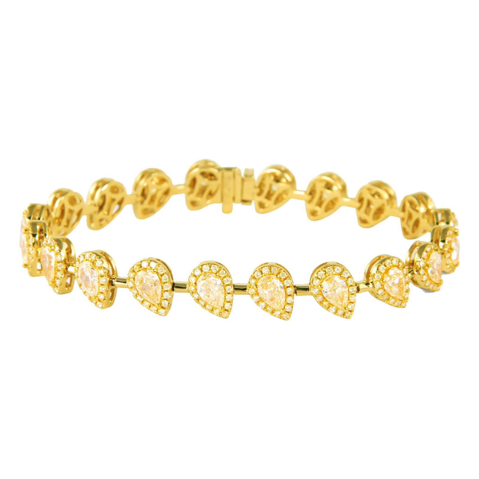 7.67ct Pear Yellow Diamond Bracelet 18k Gold: 7.67ct Pear Yellow Diamond Bracelet 18k Gold This stunning pear-shaped yellow diamond bracelet features a total diamond weight of 7.67 carats, showcasing a contemporary design crafted from 18k yellow 