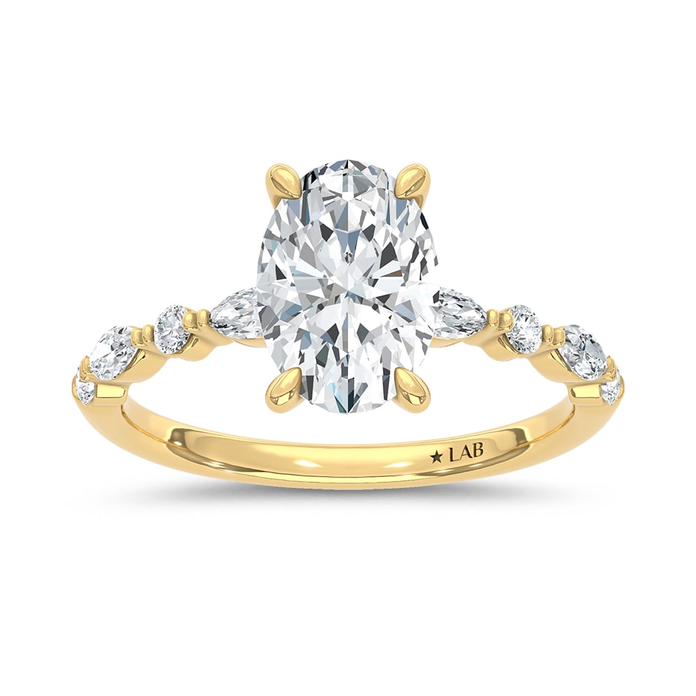 14K Yellow Gold Lab Grown Marquise and Round Diamond 2 1/3 Ct.Tw. Engagement Ring With Oval Center: 14K Yellow Gold Lab Grown Marquise and Round Diamond 2 1/3 Ct.Tw. Engagement Ring With Oval Center 14k Yellow Gold Stone Color: D-f Stone Clarity: Vs Each ring is presented in standard size 6.5. Compl