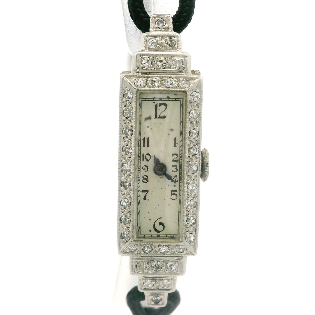 Antique Art Deco Platinum Diamond Pyramid Wristwatch with Black Cord Strap: Antique Art Deco Platinum Diamond Pyramid Wristwatch with Black Cord Strap This exquisite Antique Art Deco wristwatch features a solid platinum case adorned with 38 natural round diamonds, totaling ap