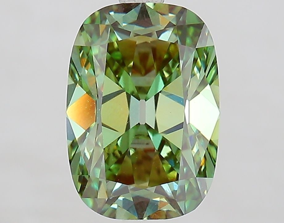 Loose Diamond - CUSHION BRILLIANT 3.01ct Fancy Vivid Green VVS2: Loose Diamond - CUSHION BRILLIANT 3.01ct Fancy Vivid Green VVS2 Source: This is a real non-mined Diamond that has been grown in a lab Shape: CUSHION BRILLIANT Carats: 3.01 Color: Fancy Vivid Green Cer