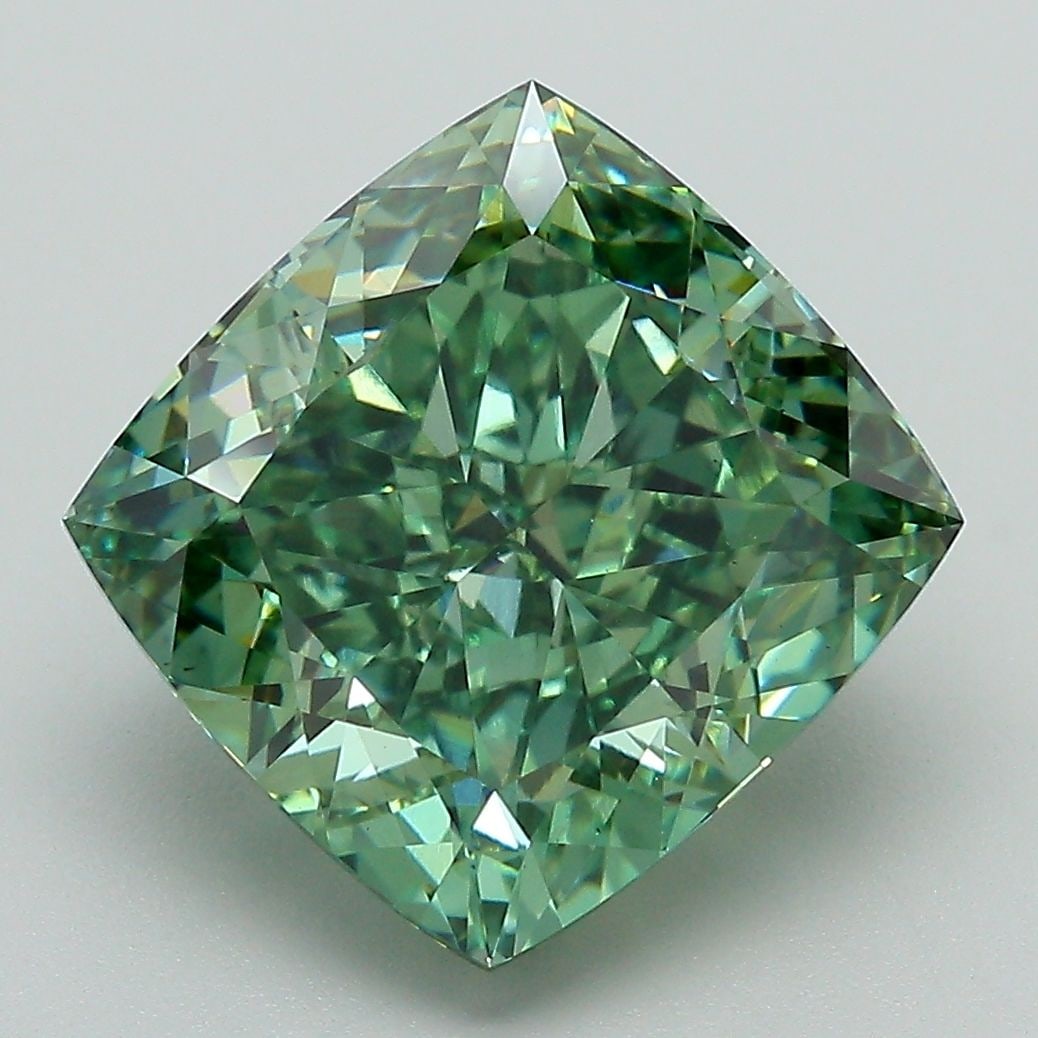 Loose Diamond - CUSHION MODIFIED 6.38ct Fancy Vivid Green VS1: Loose Diamond - CUSHION MODIFIED 6.38ct Fancy Vivid Green VS1 Source: This is a real non-mined Diamond that has been grown in a lab Shape: CUSHION MODIFIED Carats: 6.38 Color: Fancy Vivid Green Certif
